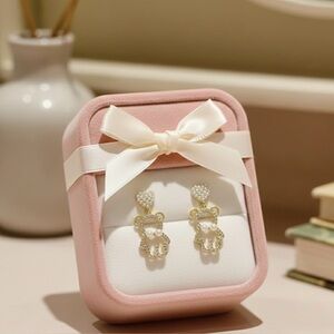 Sparkling Gold Teddy Bear Drop Earrings w/ Crystal Embellishment & Heart Stud